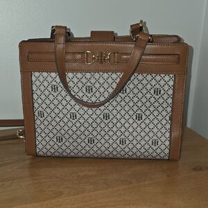 Tommy Hilfiger Beige Monogram Satchel with Brown Leather Trim